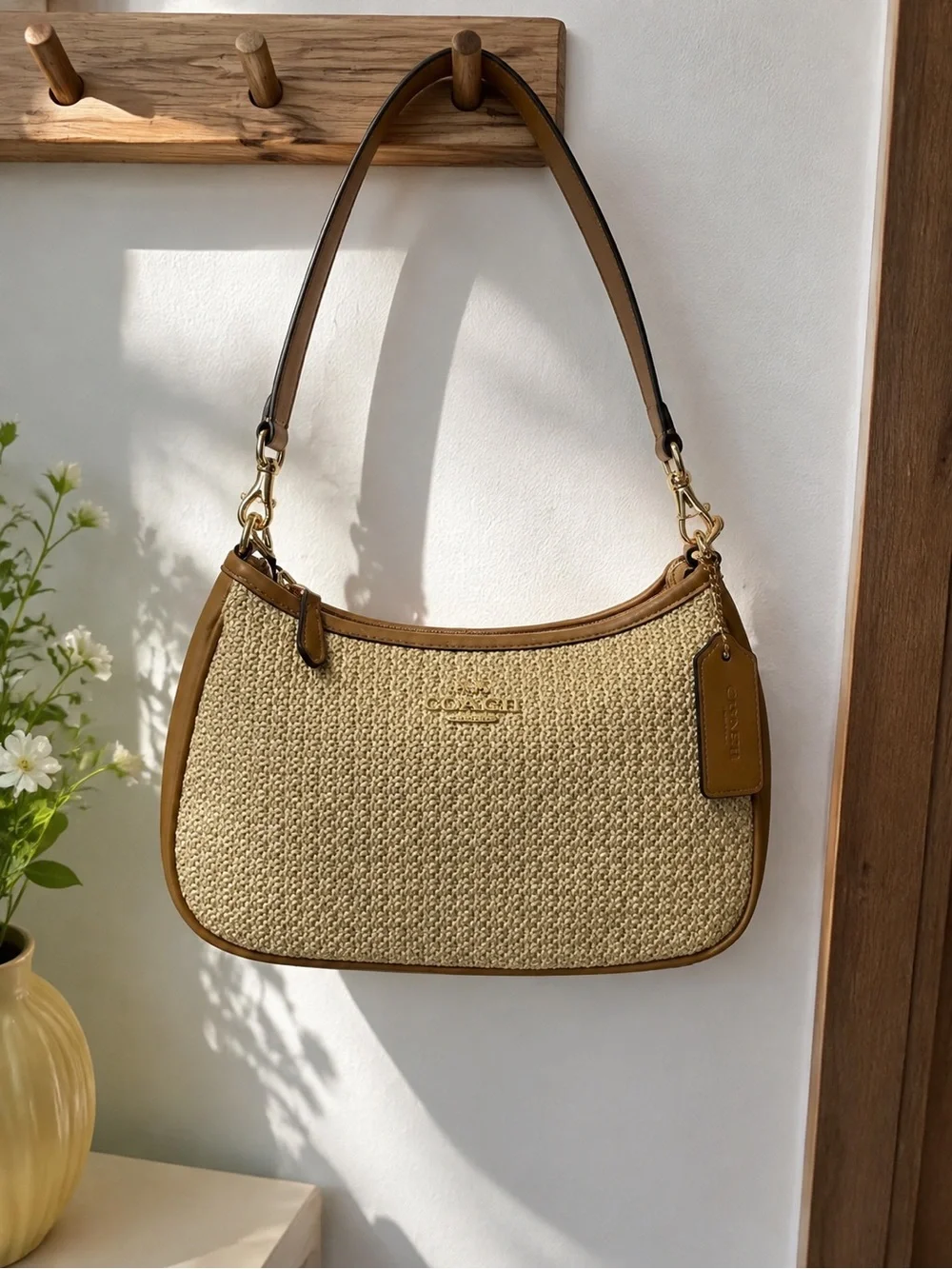 Coach Woven Straw Shoulder Bag in Tan and Brown